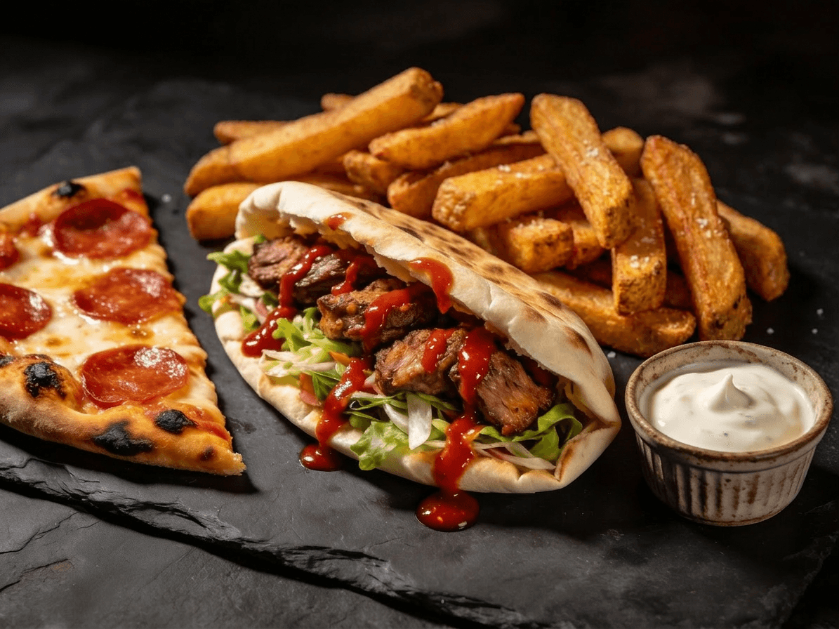 Pitta kebab, chips, pepperoni pizza and garlic sauce